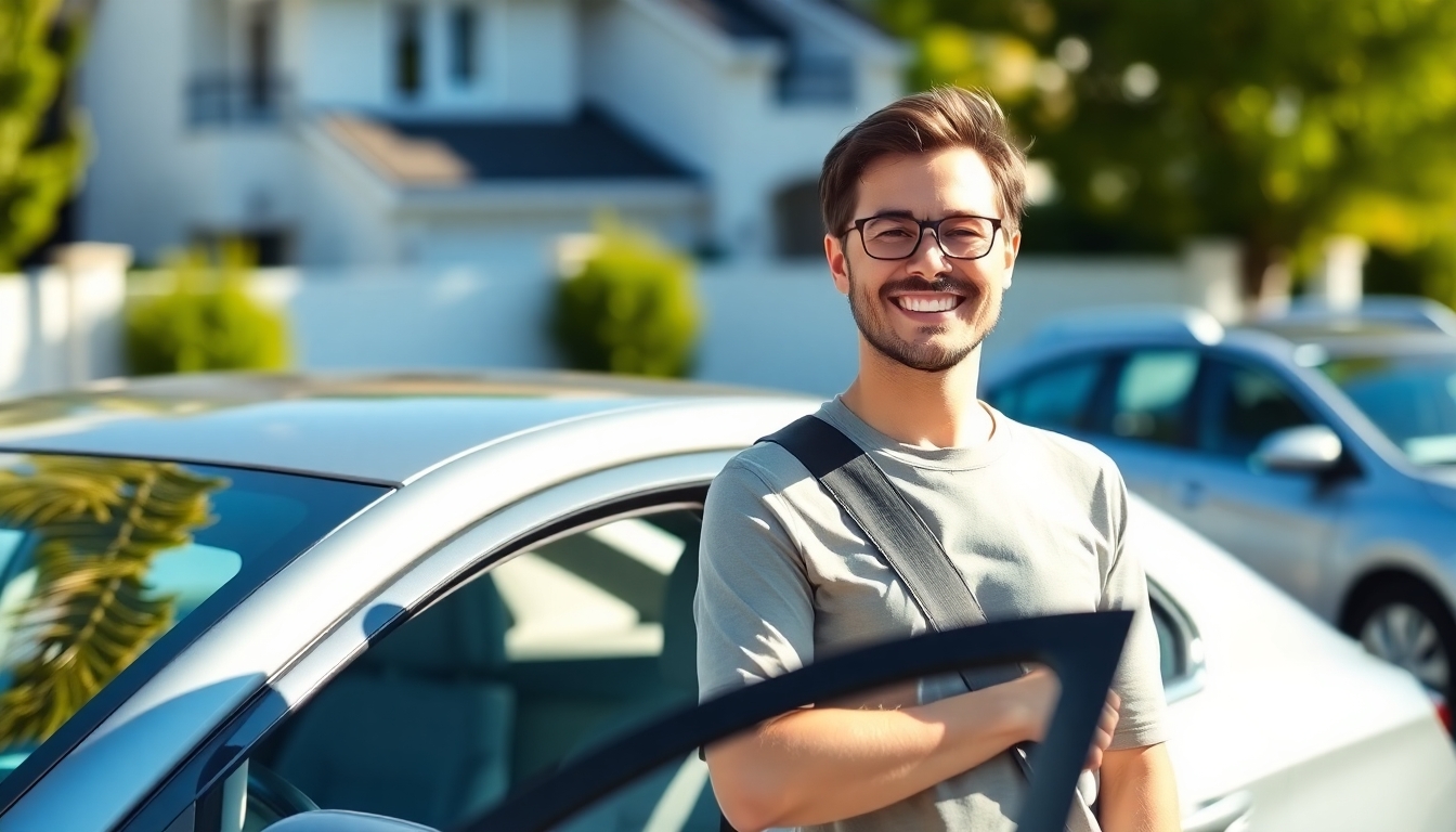 Smiling driver with a second car in a sunny setting.