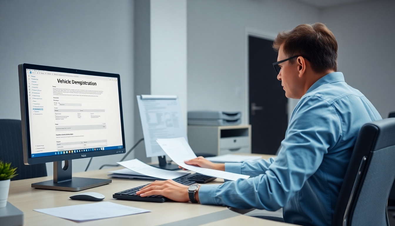 Clerk at a desk handling vehicle deregistration paperwork.