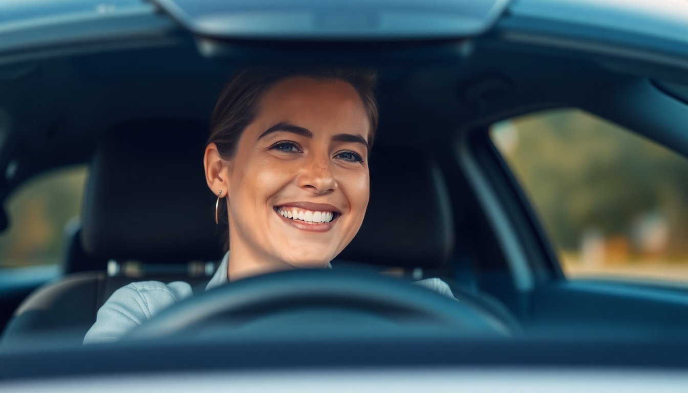 Smiling driver in a car, conveying safety and contentment.