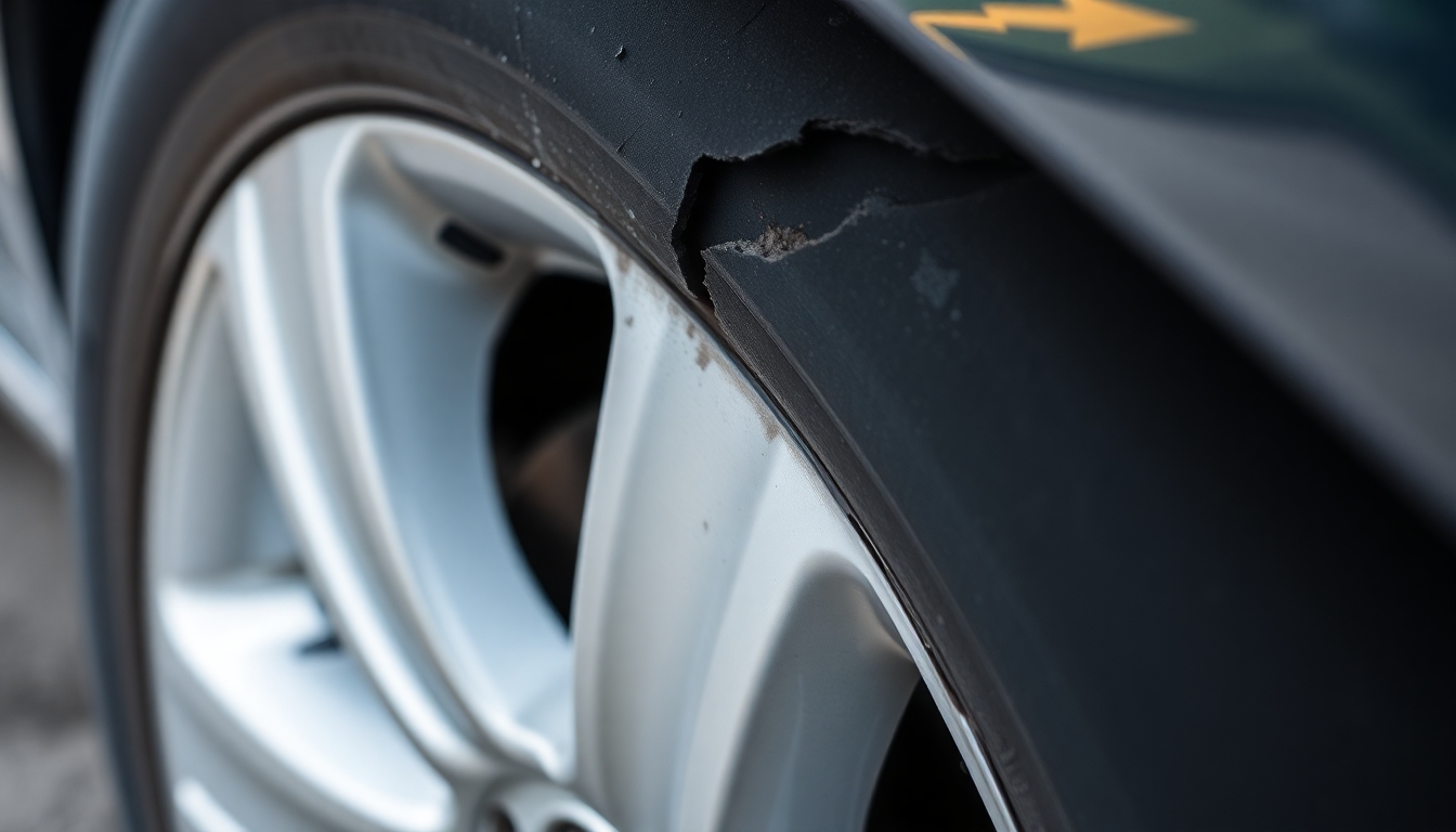 Damaged tire and rim on a vehicle.