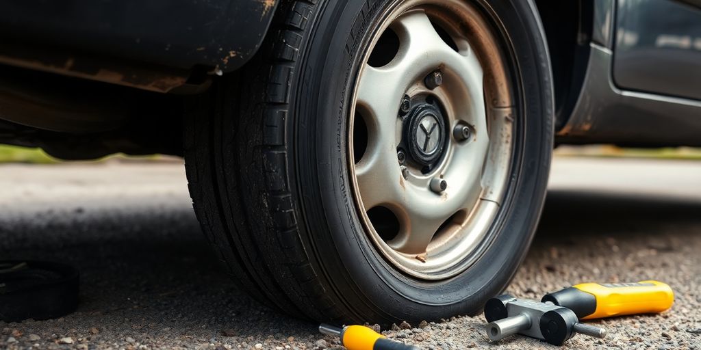 Platter Reifen mit Werkzeugen zur Reparatur.