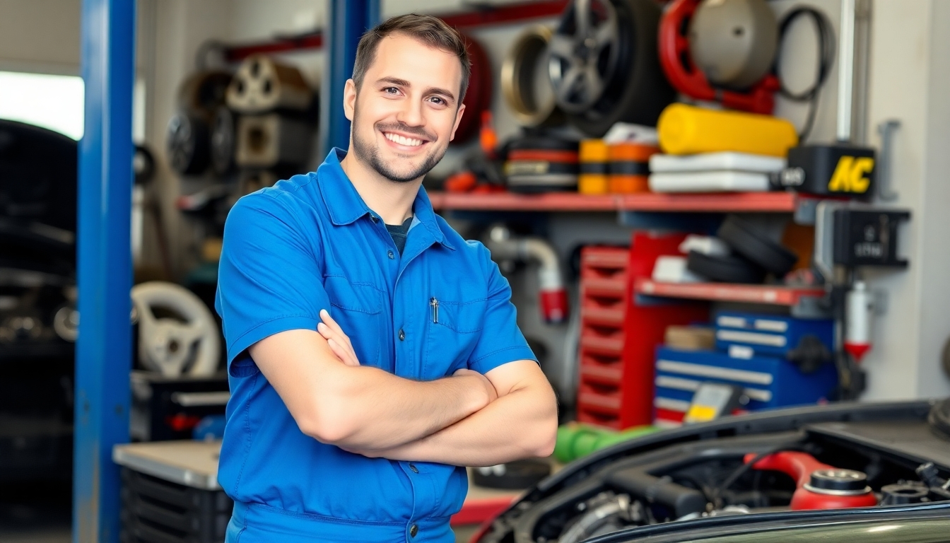 Smiling mechanic in a workshop with tools.