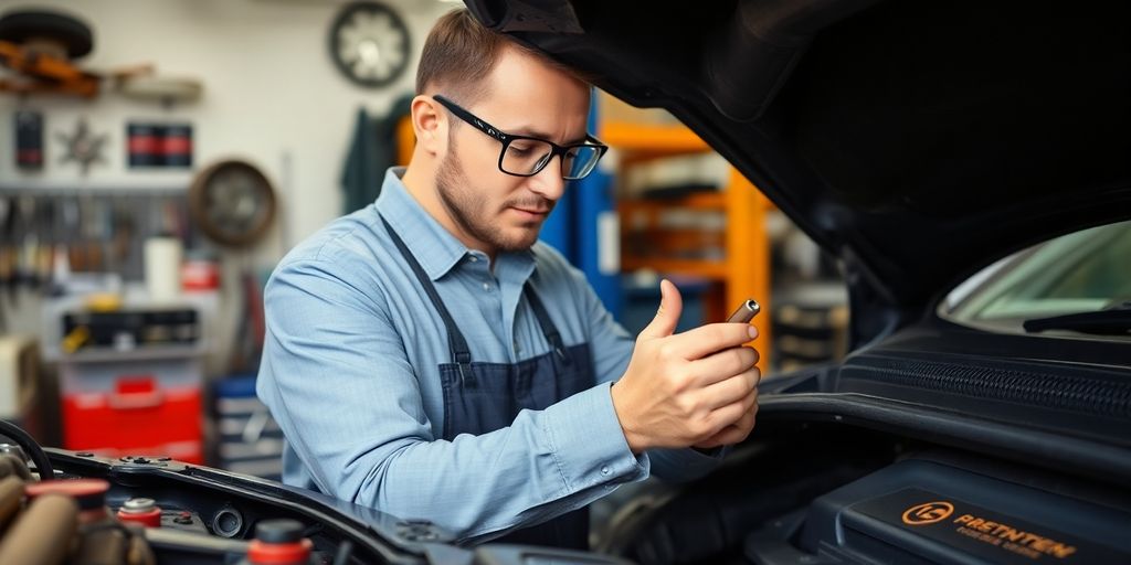 Mechaniker bei der Fahrzeugreparatur in einer Werkstatt.