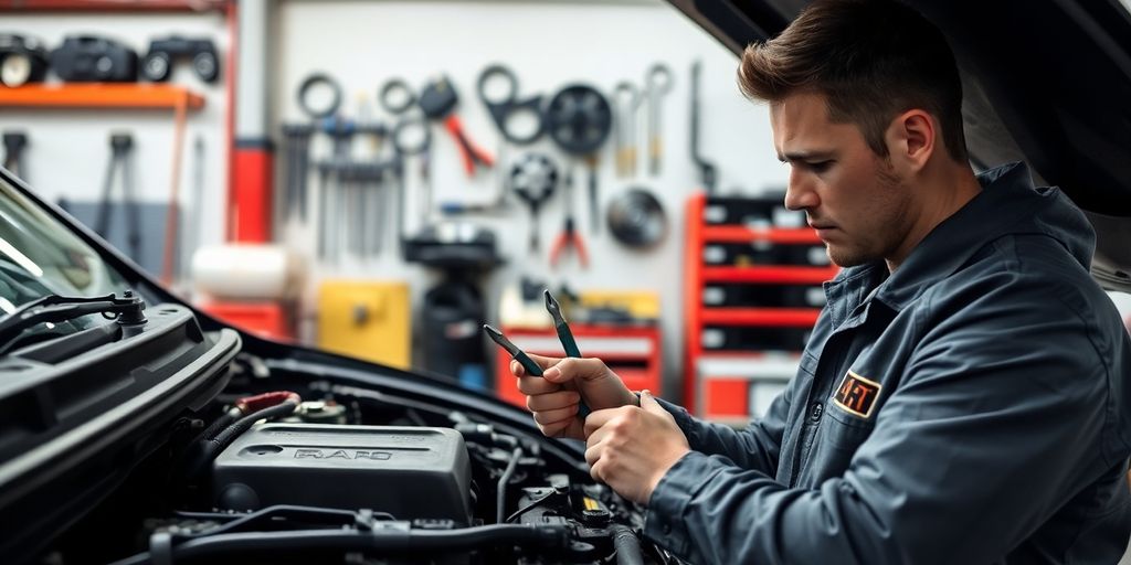 Mechaniker bei der Inspektion eines Autos.