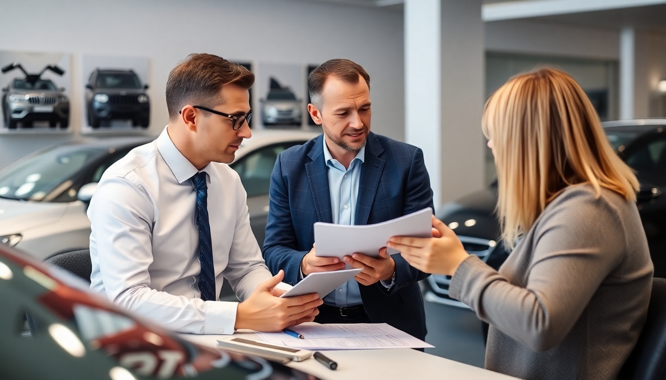Insurance broker consulting with a client about vehicle value.