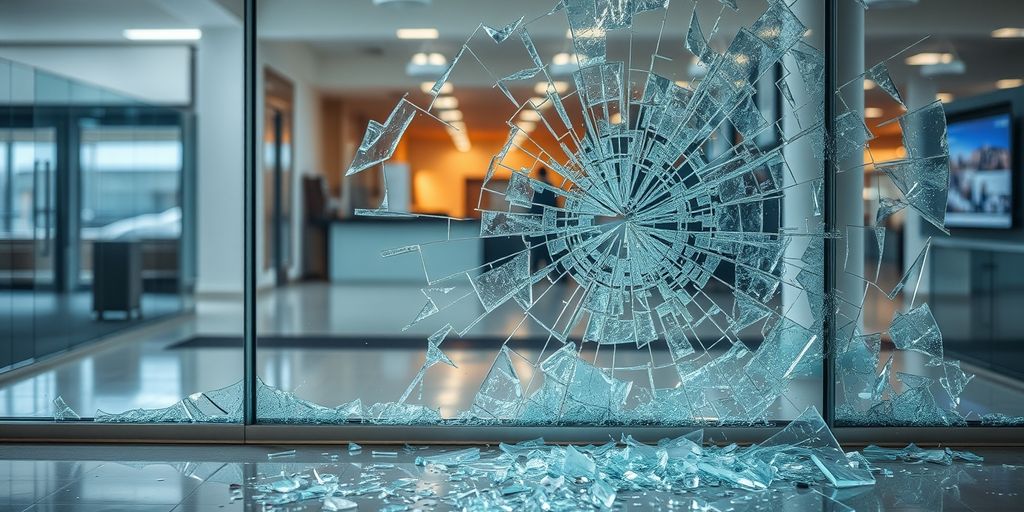 Shattered glass window in a commercial building