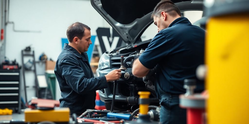 Reparaturdauer: Mechaniker arbeitet an einem Auto in einer Werkstatt.
