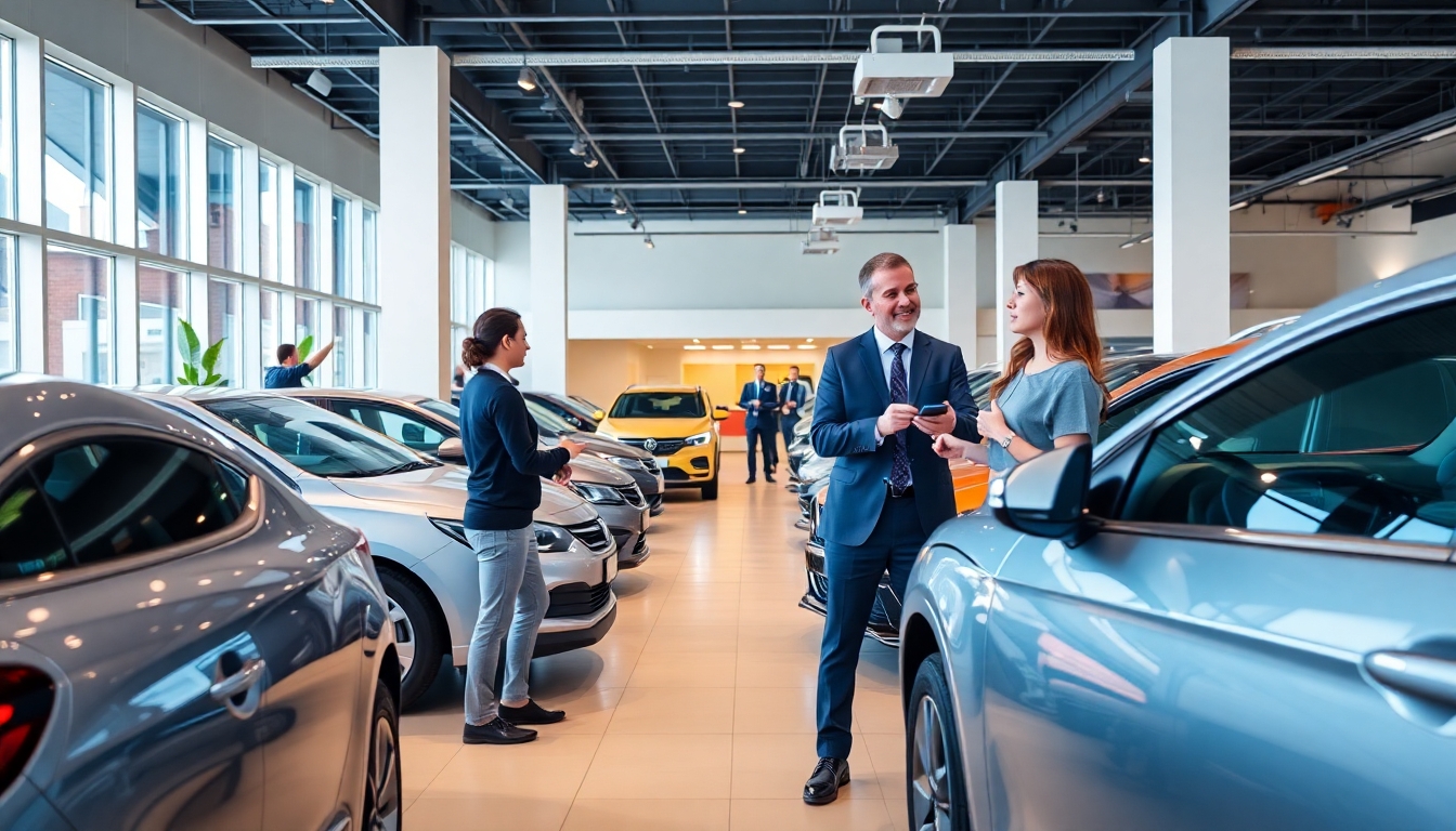 Car dealer in a modern dealership setting.