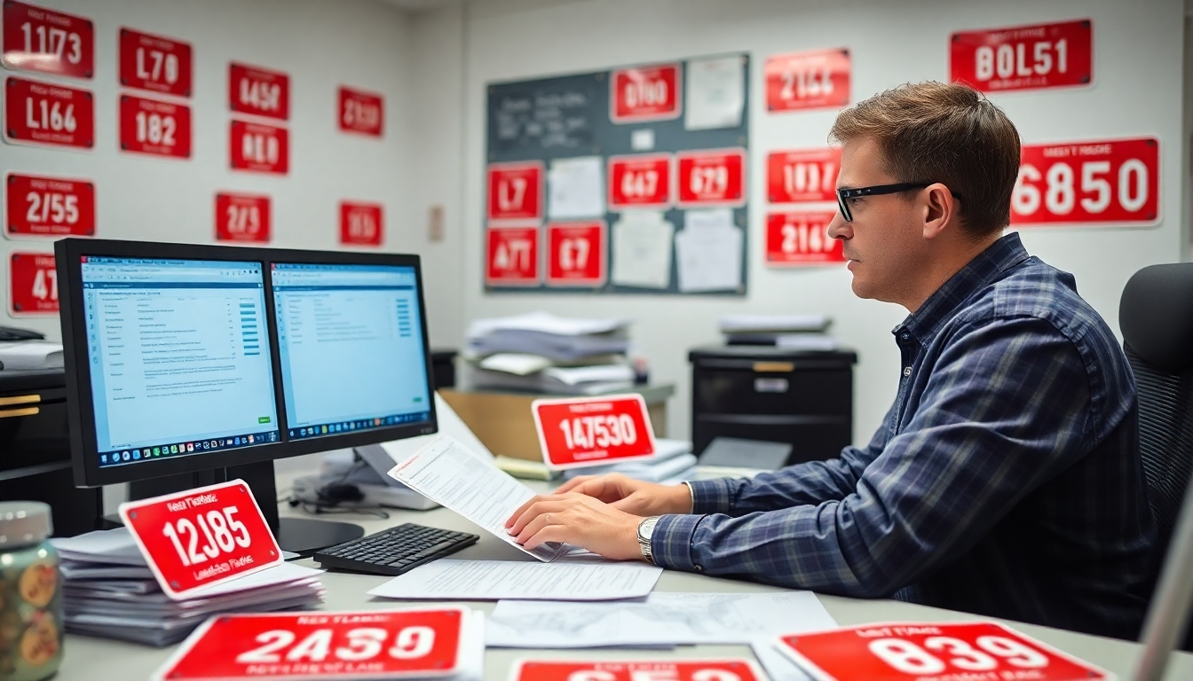 Clerk at a computer managing vehicle documents.