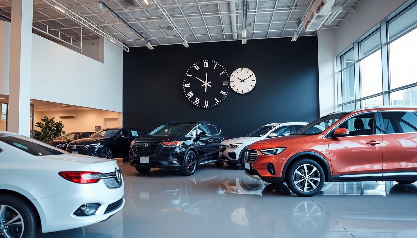 Interior of a modern car dealership with a large clock.