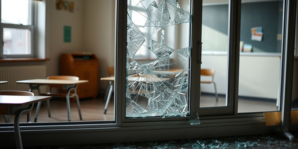 Broken window in school classroom