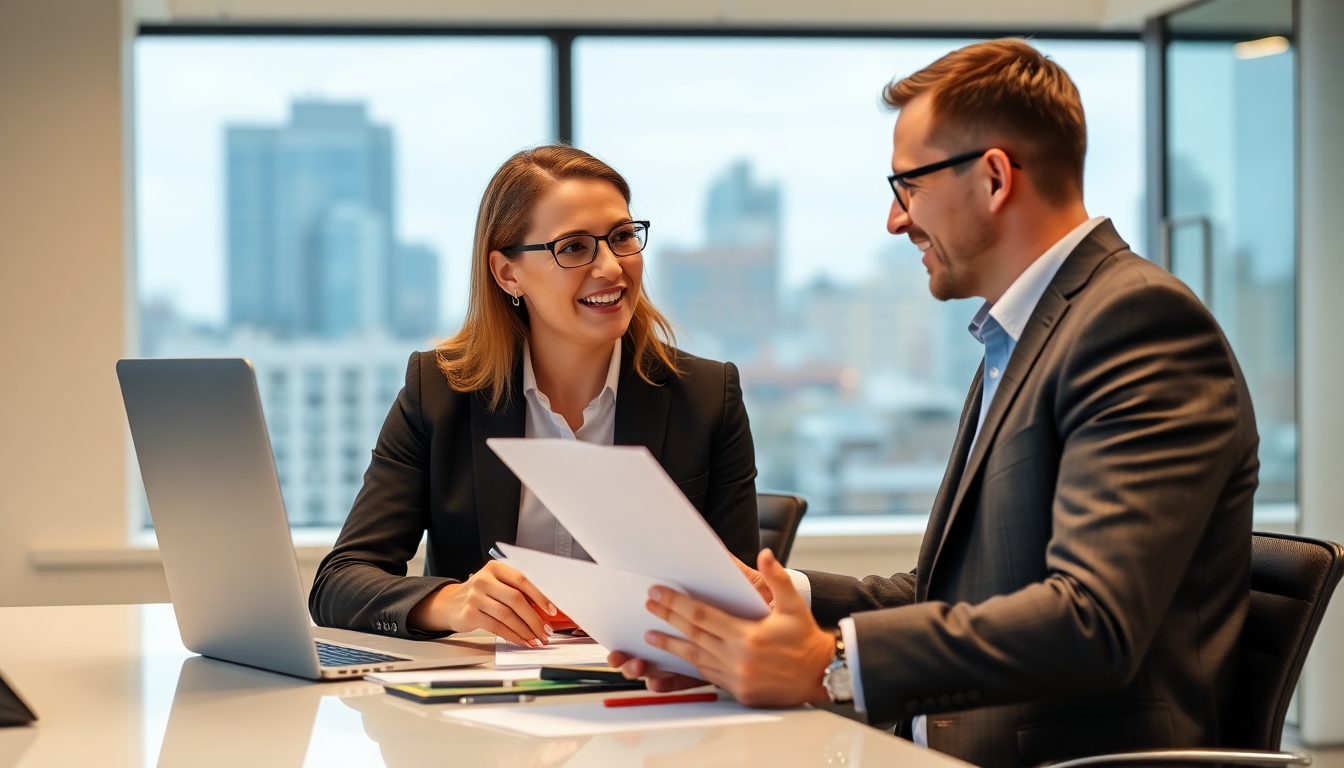 Bank advisor and client discussing car insurance options.