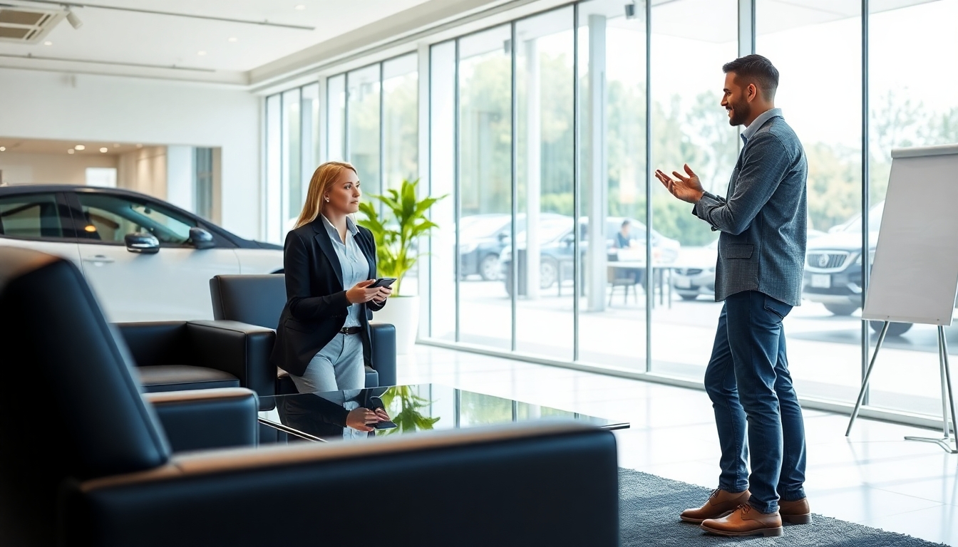 Insurance representative and customer in a modern office.
