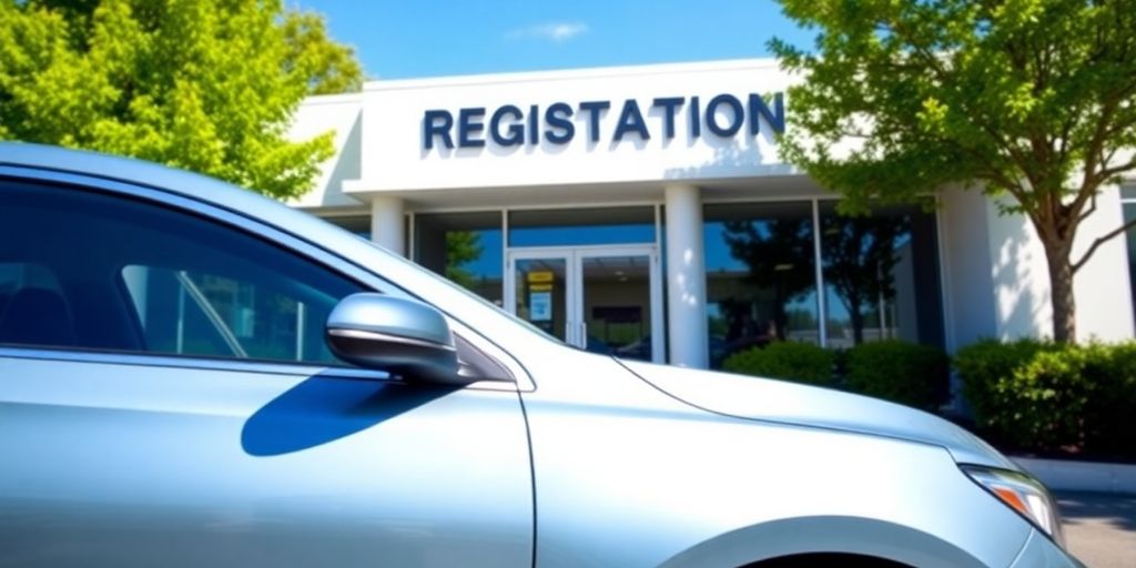 Neuwagen vor Zulassungsstelle mit grünem Hintergrund.