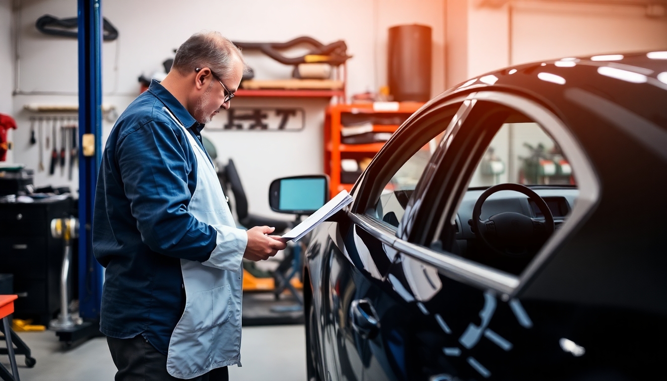 Expert inspecting a damaged car in a workshop.