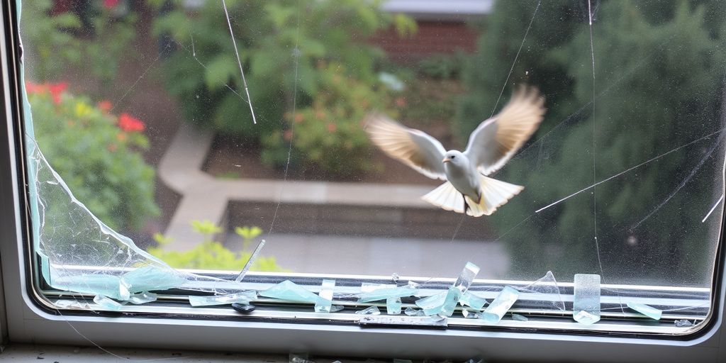 Broken window with bird flying away