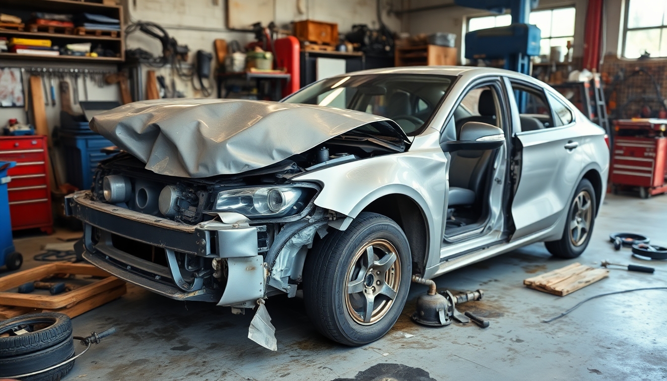 Damaged car in a workshop after an accident.