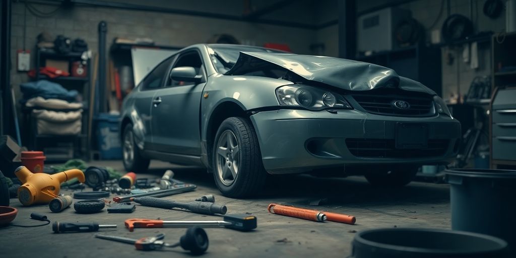 Beschädigtes Auto in einer Werkstatt mit Werkzeugen.