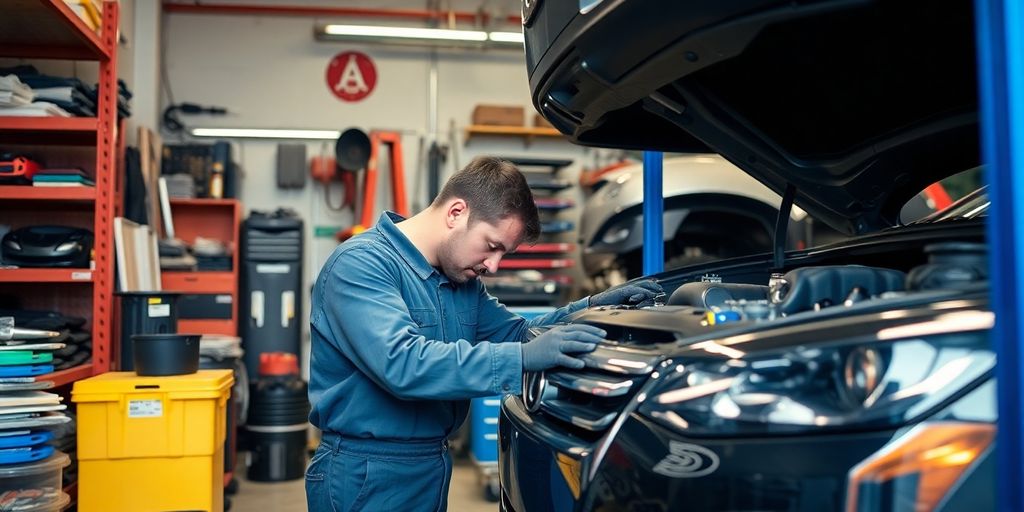 Werkstattbindung: Mechaniker in einer Werkstatt mit Auto und Werkzeugen.