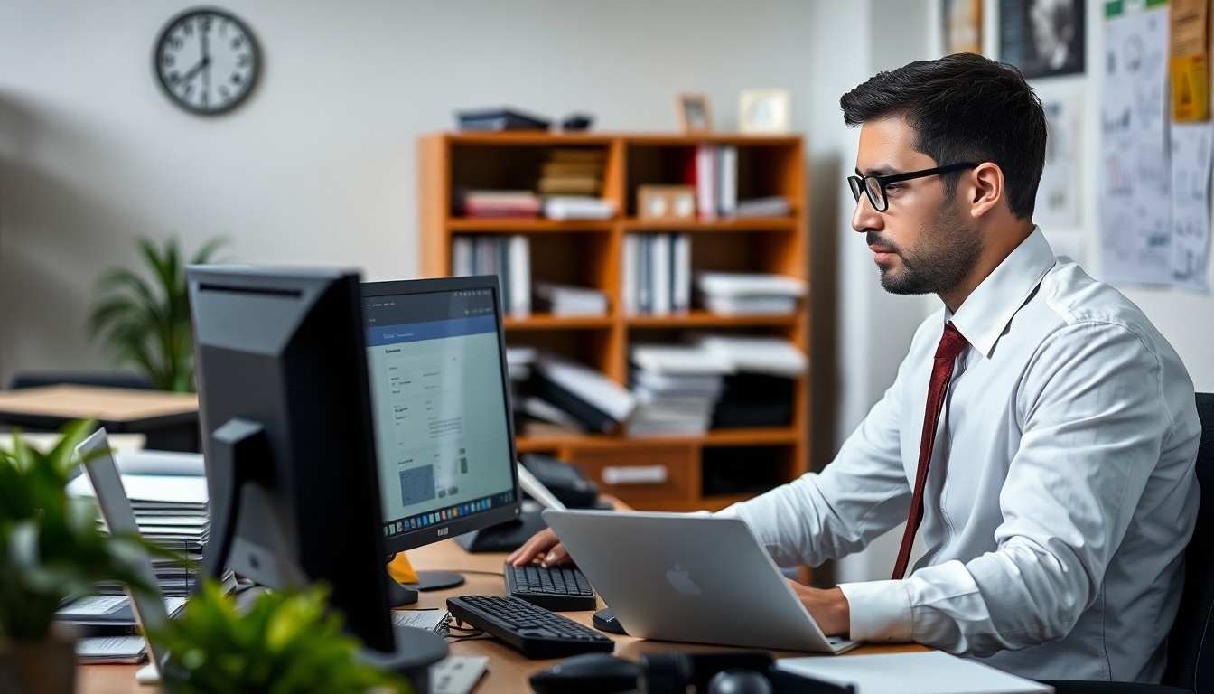 Clerk working at a computer in an office setting.