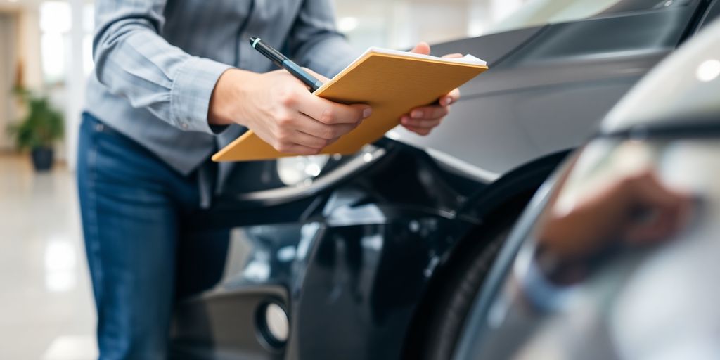 Person prüft Schäden an einem Auto.