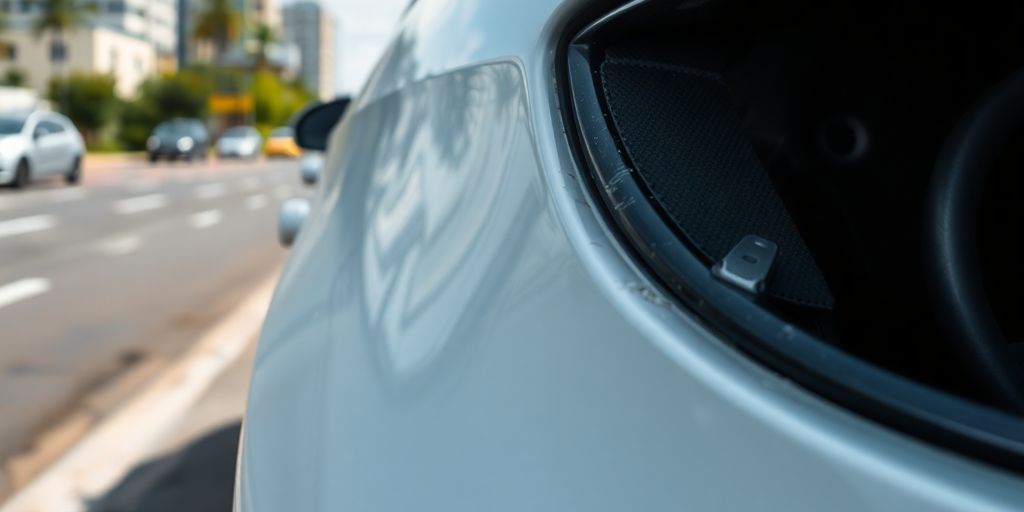 Beschädigtes Auto mit Dellen und Kratzern auf der Straße.