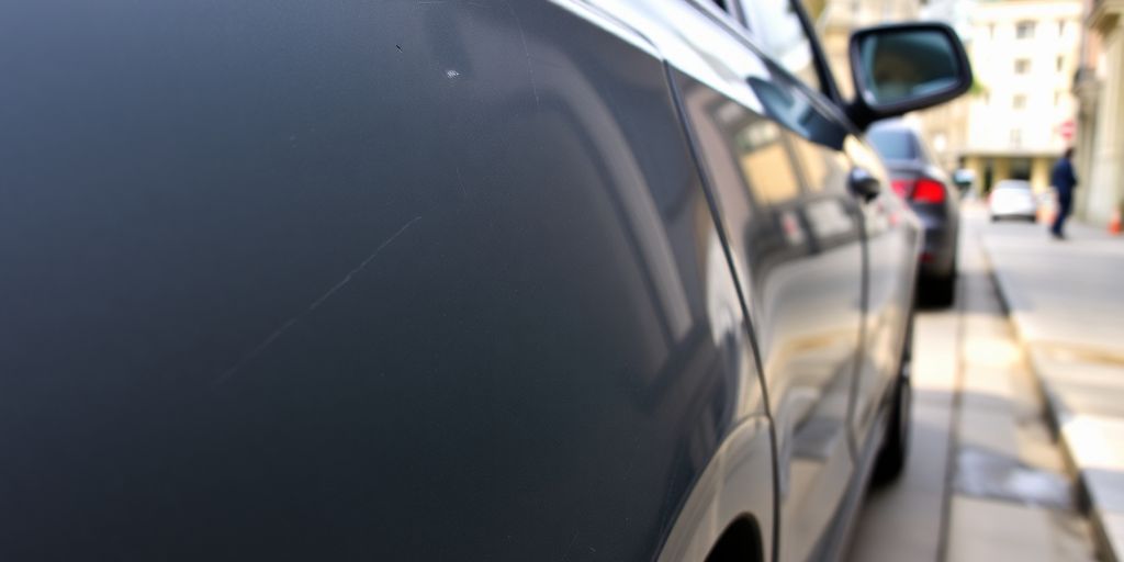 Beschädigtes Auto mit Kratzern und Dellen.