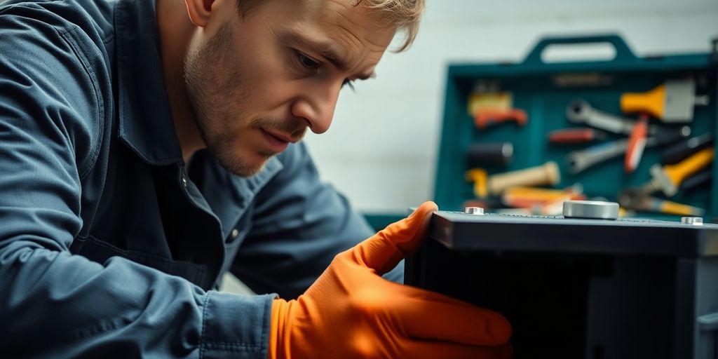 Reparaturtechniker bei der Arbeit an einem defekten Gerät.