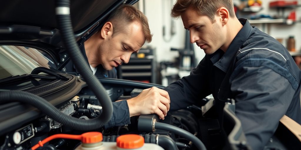 Mechanic checking car coolant system in garage.