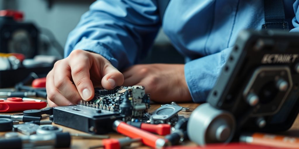 Reparaturtechniker prüft beschädigtes Objekt.