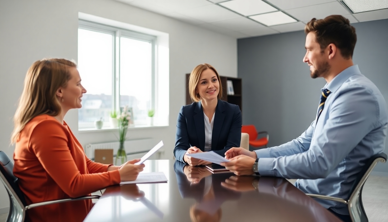 Insurance advisor consulting a customer in a bright office.