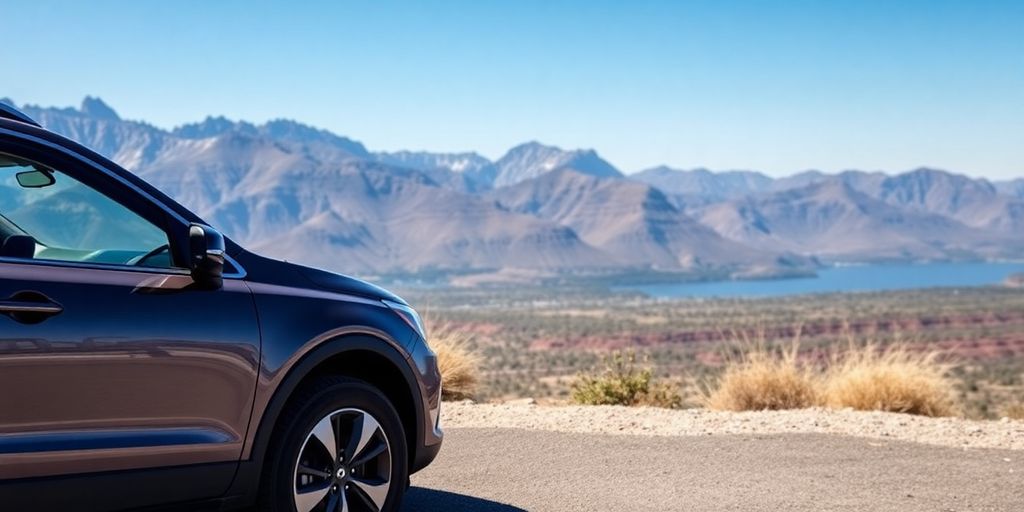 Mietwagen in schöner Landschaft mit Bergen.