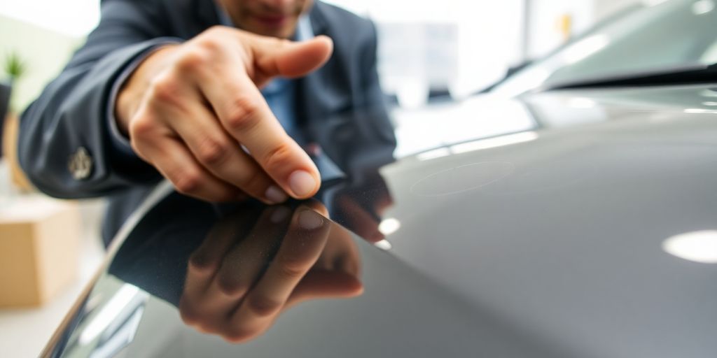 Person betrachtet beschädigtes Auto mit Kratzern.