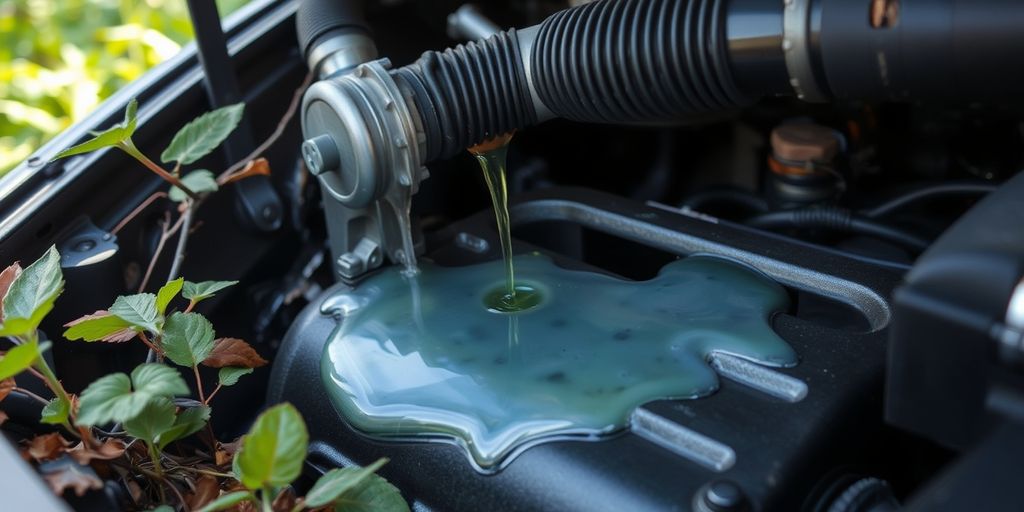 Leaking coolant in a natural setting, highlighting environmental concerns.