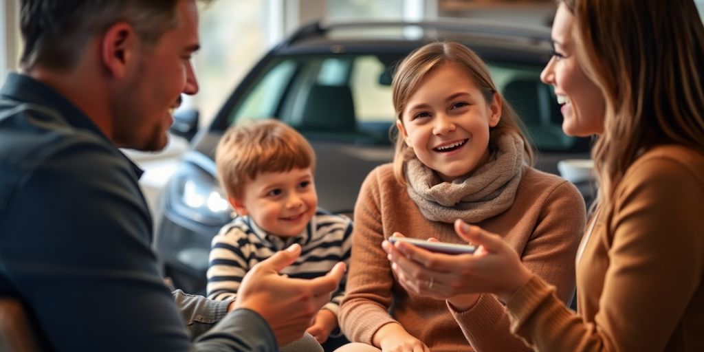 Familie bespricht Kfz-Versicherungsmöglichkeiten.