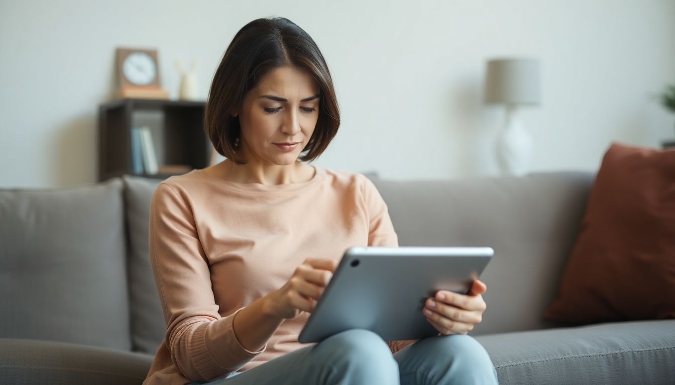 Woman in living room looking at a tablet.