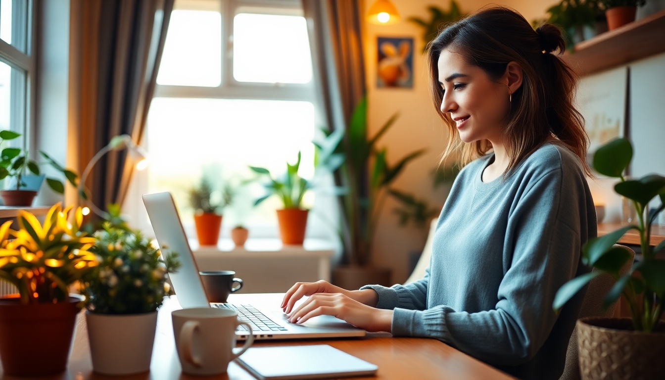 Woman working on laptop in a cozy apartment.