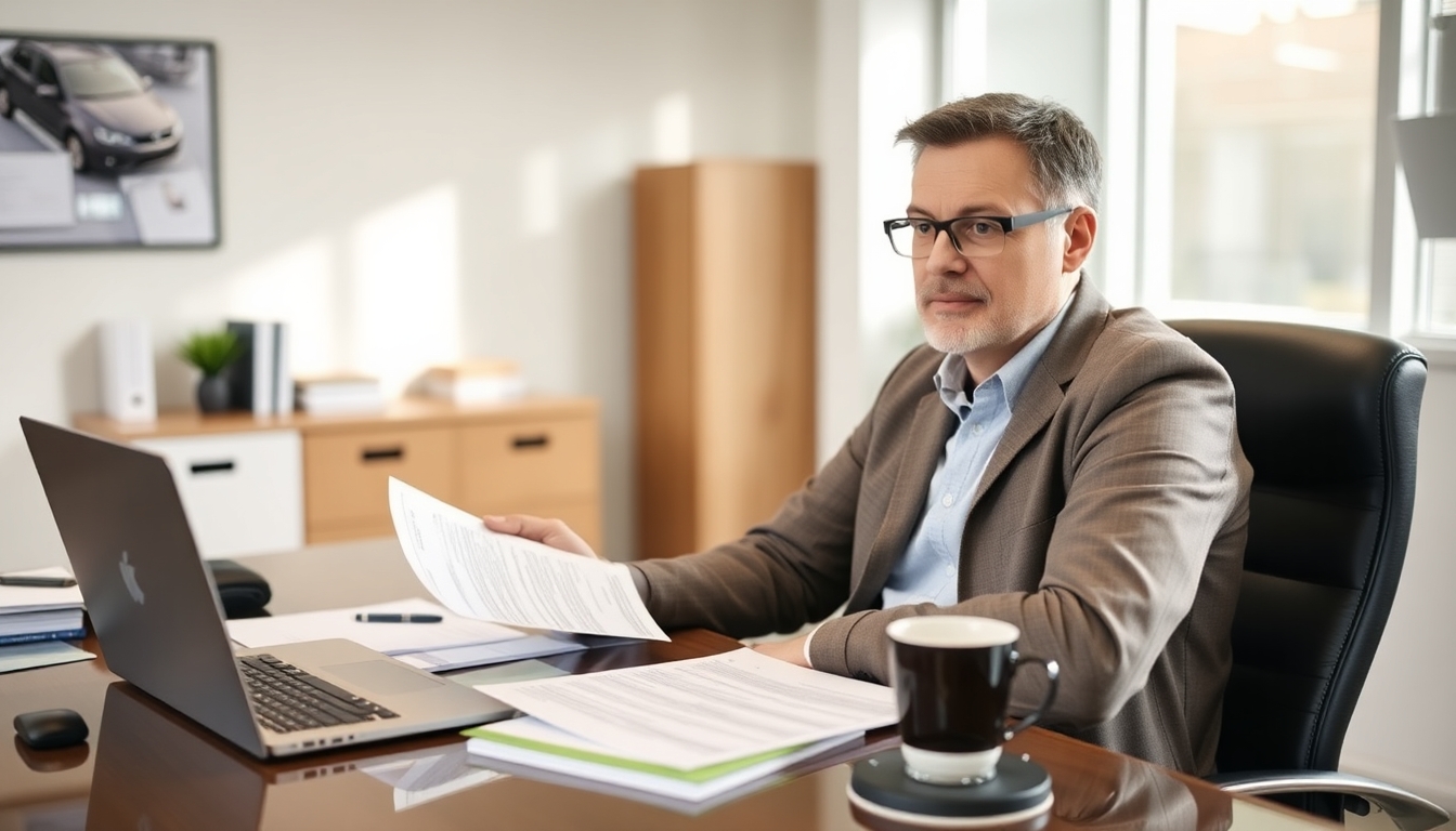 Customer with documents for car insurance claims.