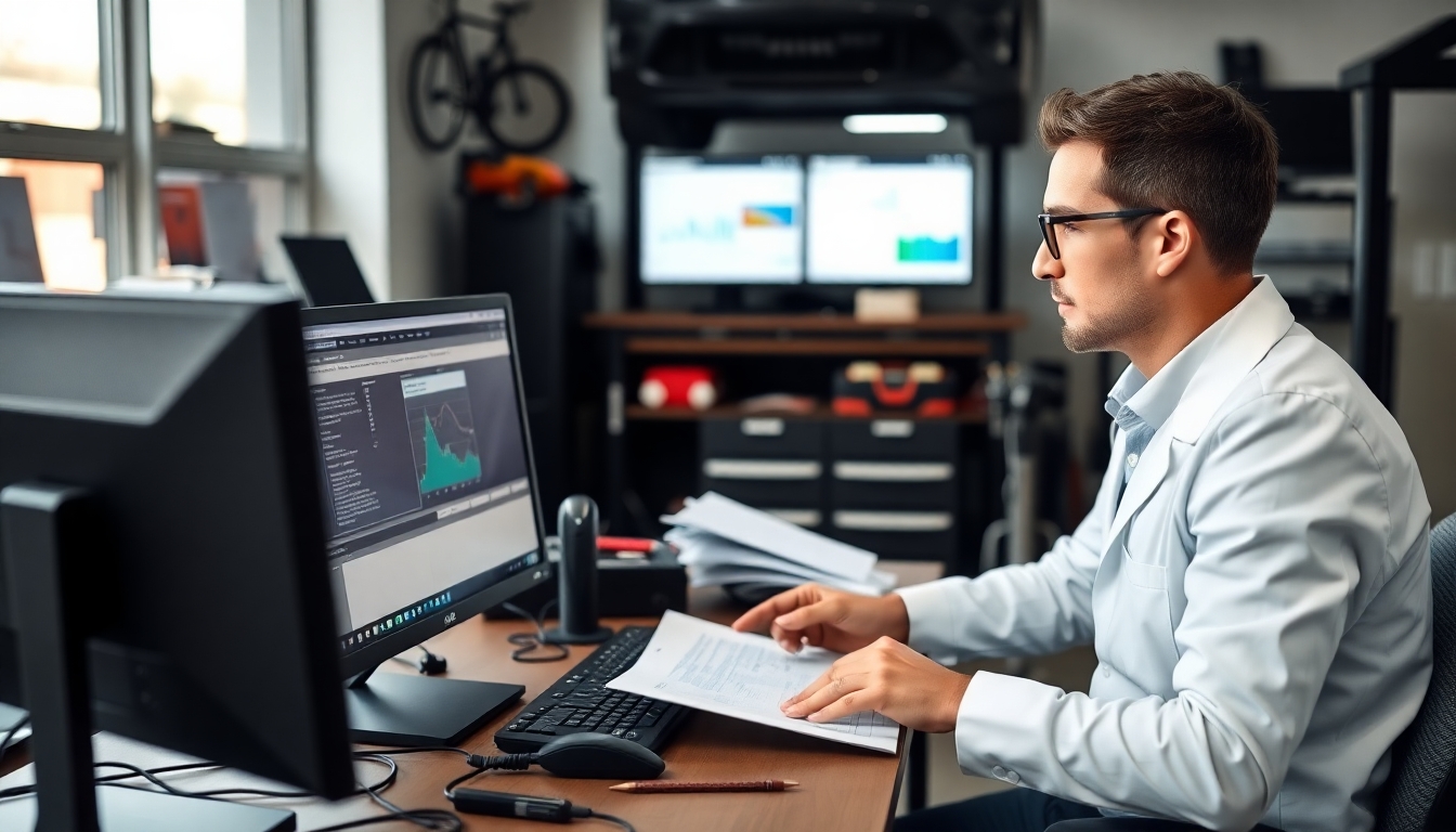 Automotive expert analyzing data at a computer.
