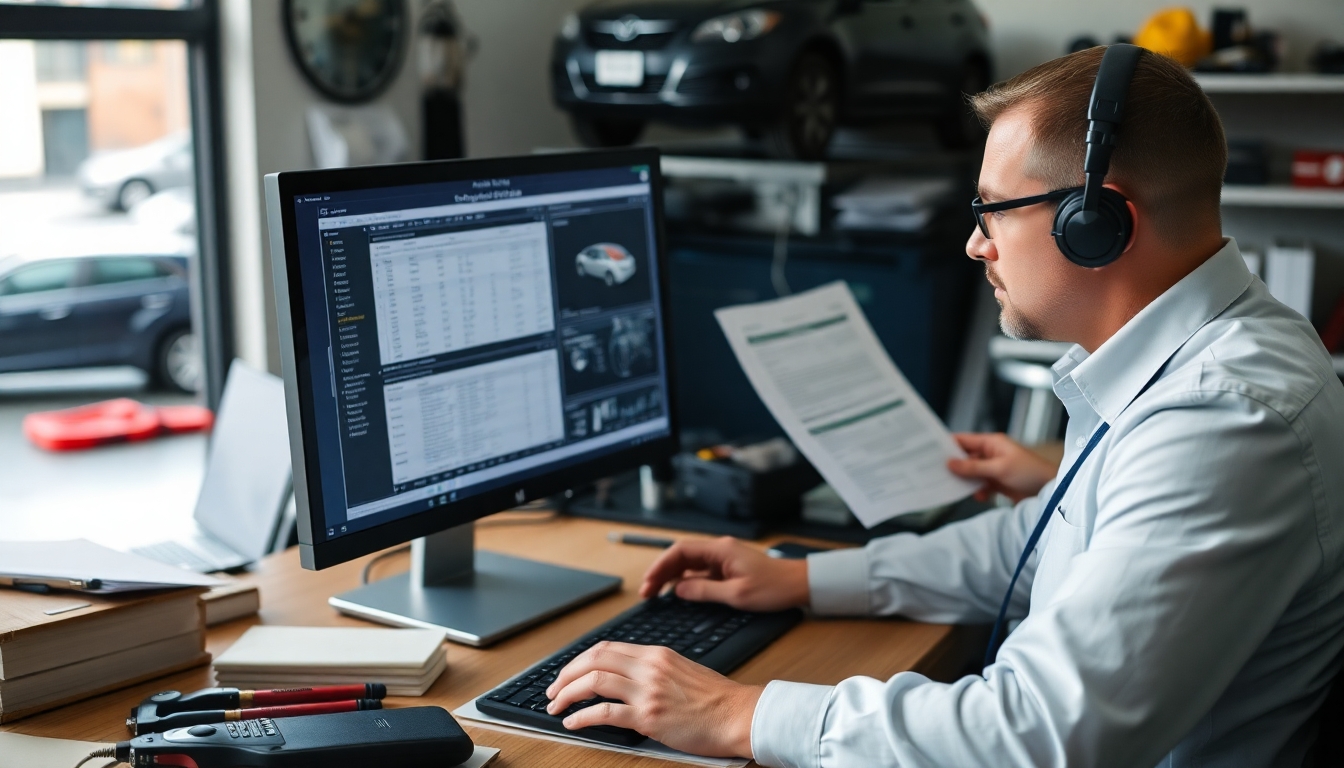 Automotive expert at a computer preparing a vehicle appraisal.