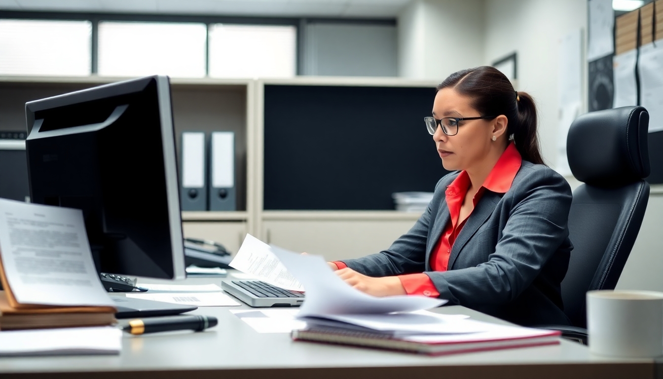 Clerk working at a computer in an office setting.