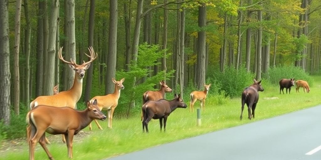 Haarwild in einem Waldgebiet, mit Rehen und Wildschweinen.
