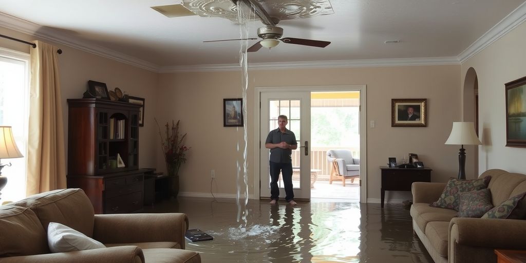 Flooded living room with water pouring from ceiling