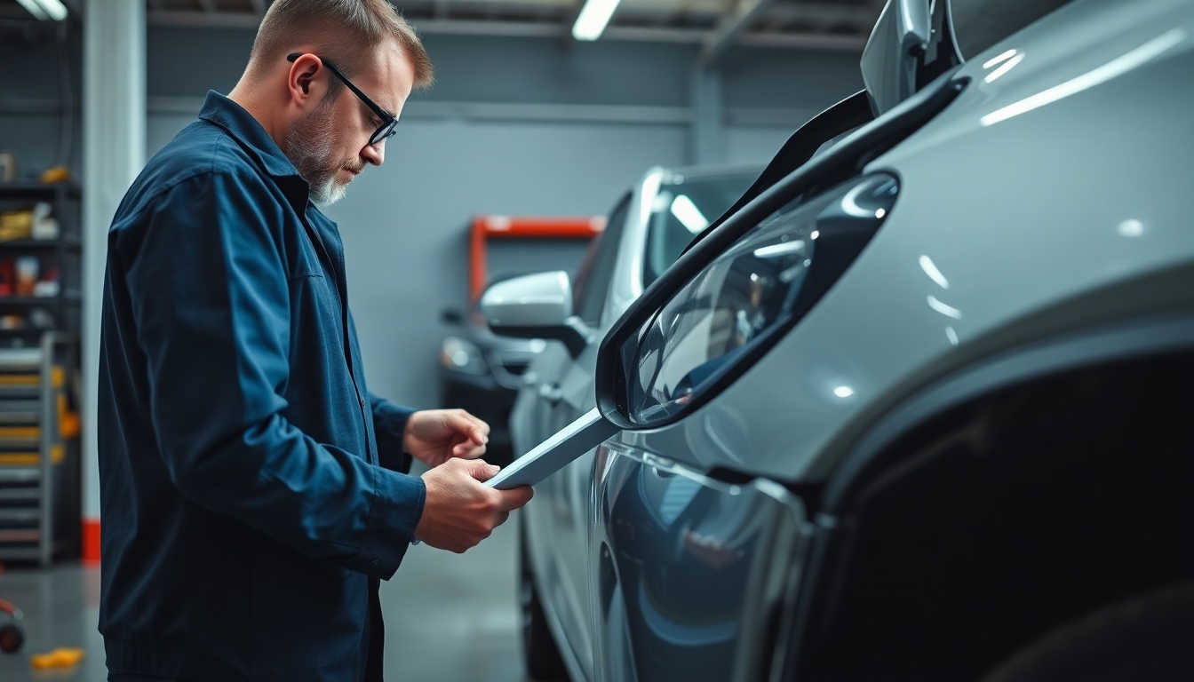 Mechaniker dokumentiert einen Karosserieschaden.