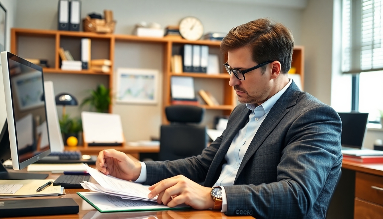 Expert in an office analyzing documents for evaluations.
