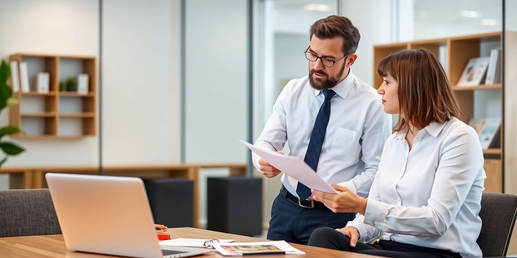 Doppelversicherung: Versicherungsexperte berät Kunden in modernem Büro.
