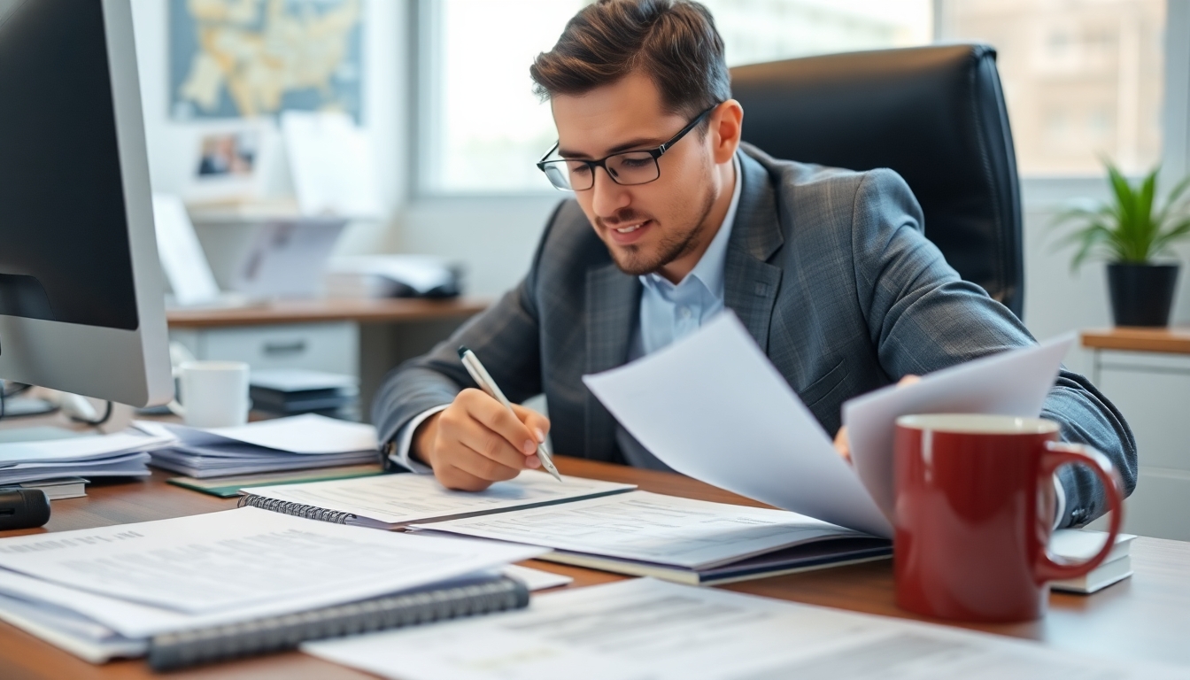 Insurance claims adjuster working at a desk.