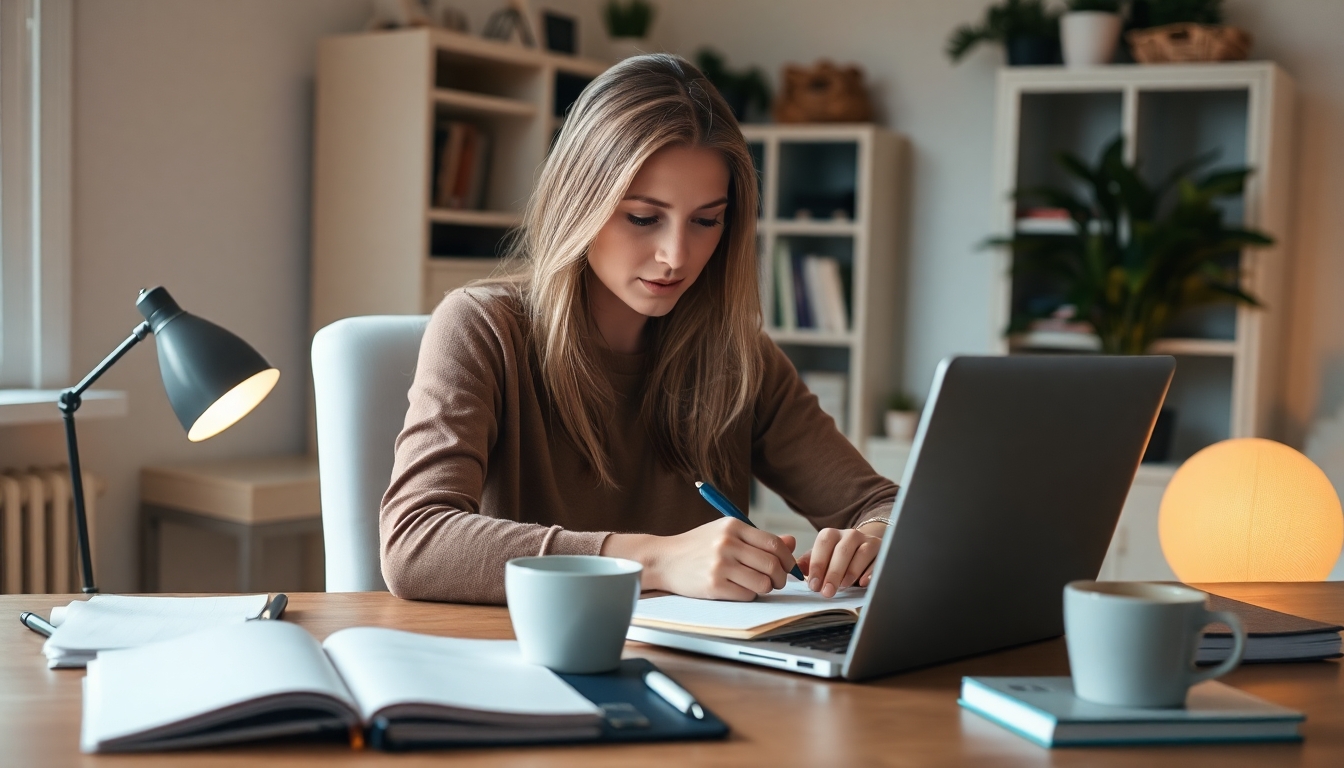 Woman working on a computer in a cozy office.