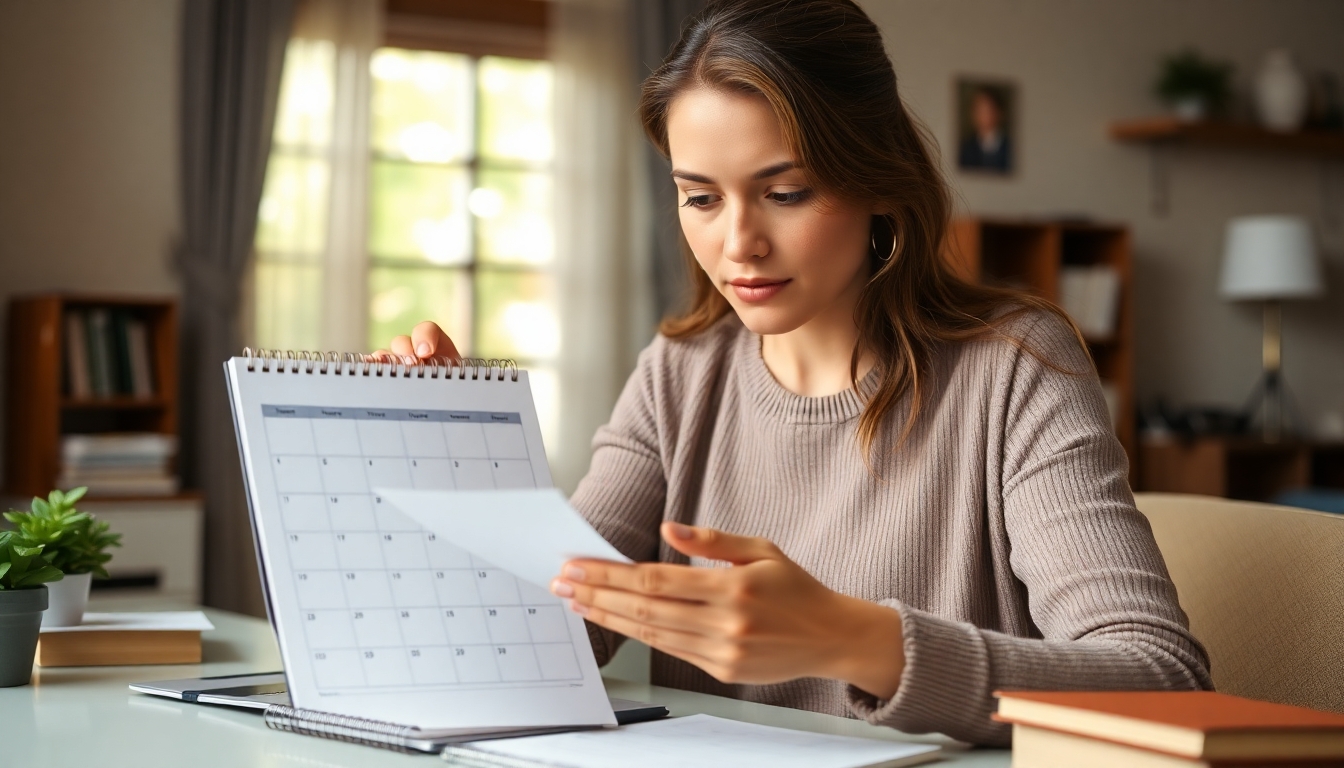 Woman checking calendar for important contract deadlines.
