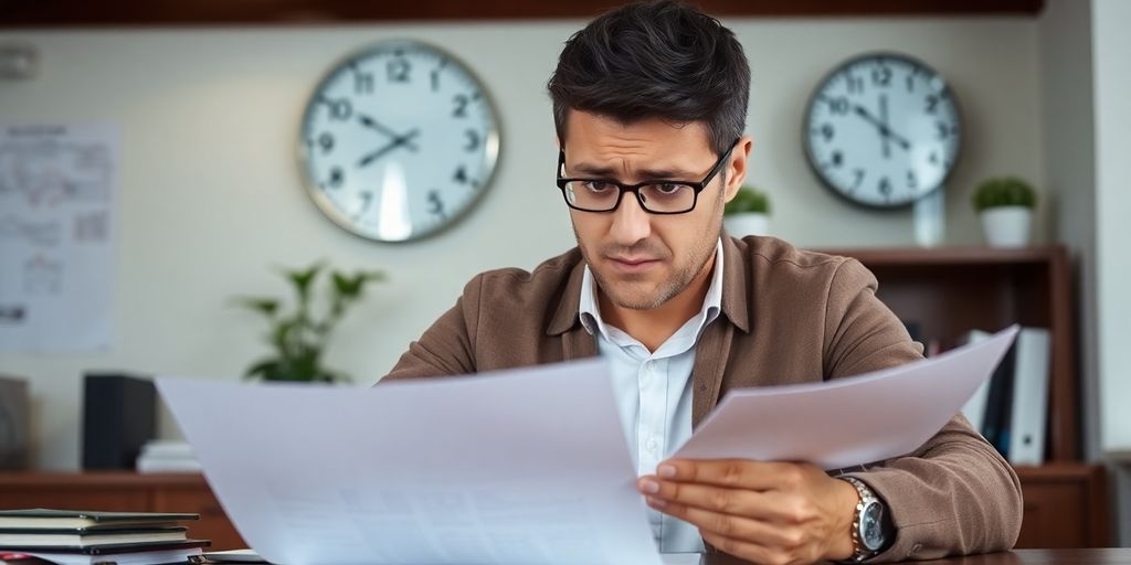 Besorgte Person mit Versicherungsunterlagen am Schreibtisch.